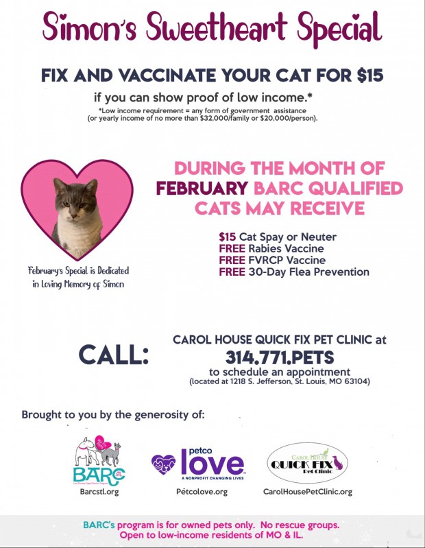 Simon’s Sweetheart Special – Fix & Vaccinate Your Cat For $15